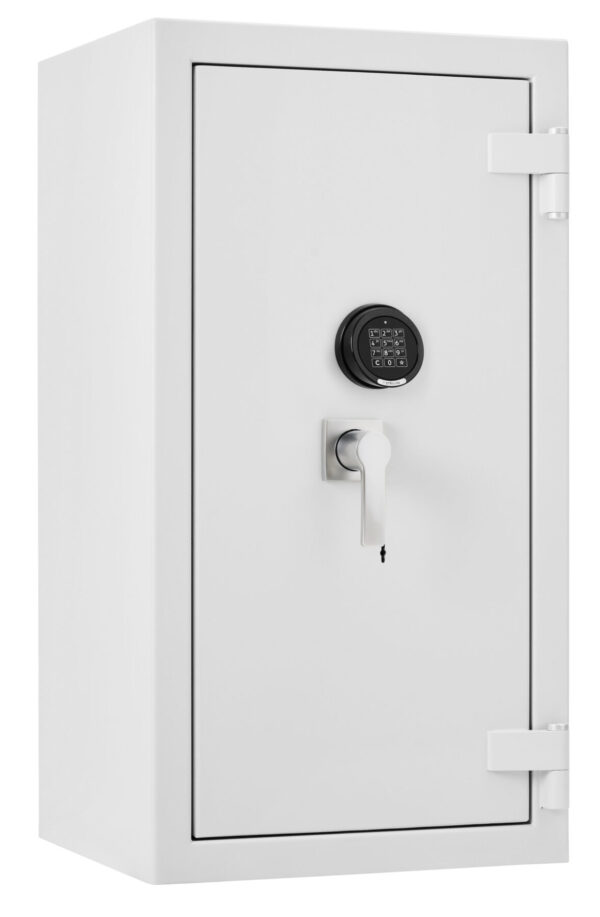 The De Raat Prisma Grade 5 size 4ke is a euro grade 5 popular jewellers safe, commercial safe and a possible safe for the home, for those needing high risk protection. This security safe carries the LPS 30P fire certification for paper records. Its Ais insurance approved and meets the Police preferred specification. Fitted with a high security double bitted key lock and a high security electronic combination code lock.