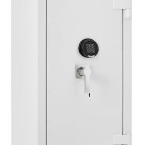 This is the De Raat Prisma grade 4 size 4ke. It is a euro grade 4 commercial safe, retail safe or safe for the home with a 30 minute fire protection for paper records. It comes with 2heigh adjustable shelves and has a height of 1070mm. This comes furnished with dual locks. these being a high security key lock with electronic combination code lock. It is also available with dual key locks or dual electronic locks.