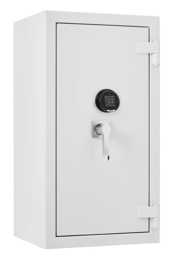 This is the De Raat Prisma grade 4 size 4ke. It is a euro grade 4 commercial safe, retail safe or safe for the home with a 30 minute fire protection for paper records. It comes with 2heigh adjustable shelves and has a height of 1070mm. This comes furnished with dual locks. these being a high security key lock with electronic combination code lock. It is also available with dual key locks or dual electronic locks.