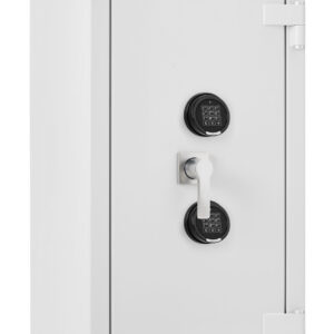 The De Raat Prisma Grade 4 size 5ee is a euro grade 4 seurity safe that is ideal as a retail safe, Commercial safe and safe for the home. Supplied with 2 shelves and furnished with 2 electronic code locks. This size is also available with twin key lock or key and digital lock.