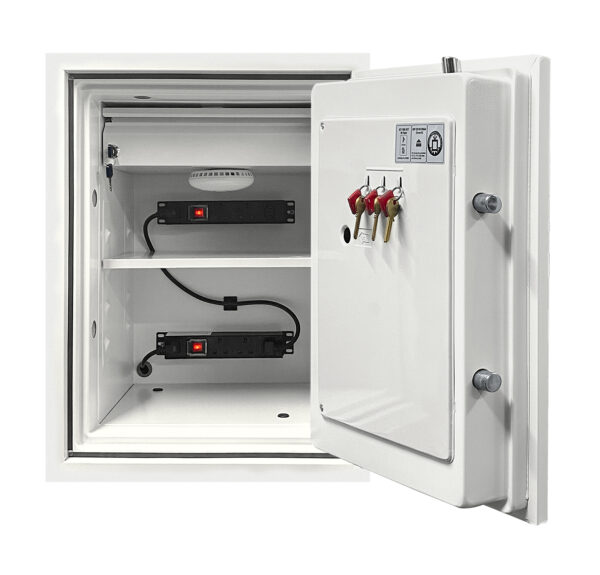 BS0441E with door wide open. clearly showing lockable pull out drawer, shelf, key hooks and power points.