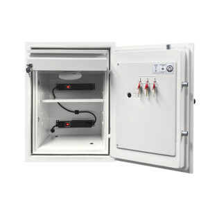 BS0441E with door wide open. clearly showing lockable pull out drawer, shelf, key hooks and power points to charge lithium ion batteries.
