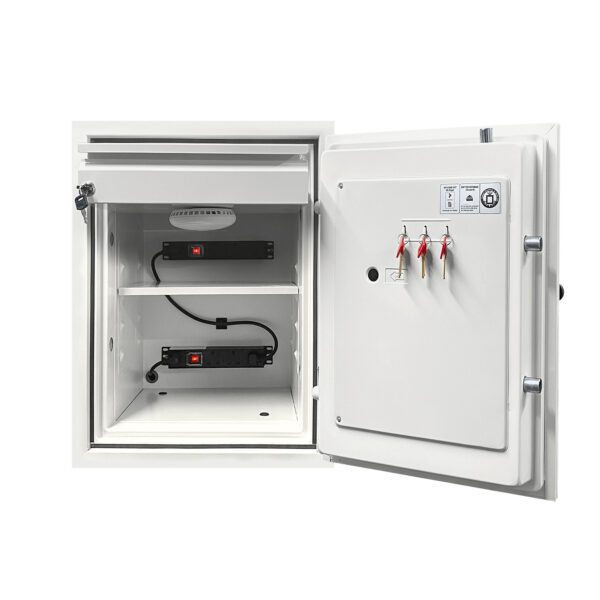 BS0441E with door wide open. clearly showing lockable pull out drawer, shelf, key hooks and power points to charge lithium ion batteries.