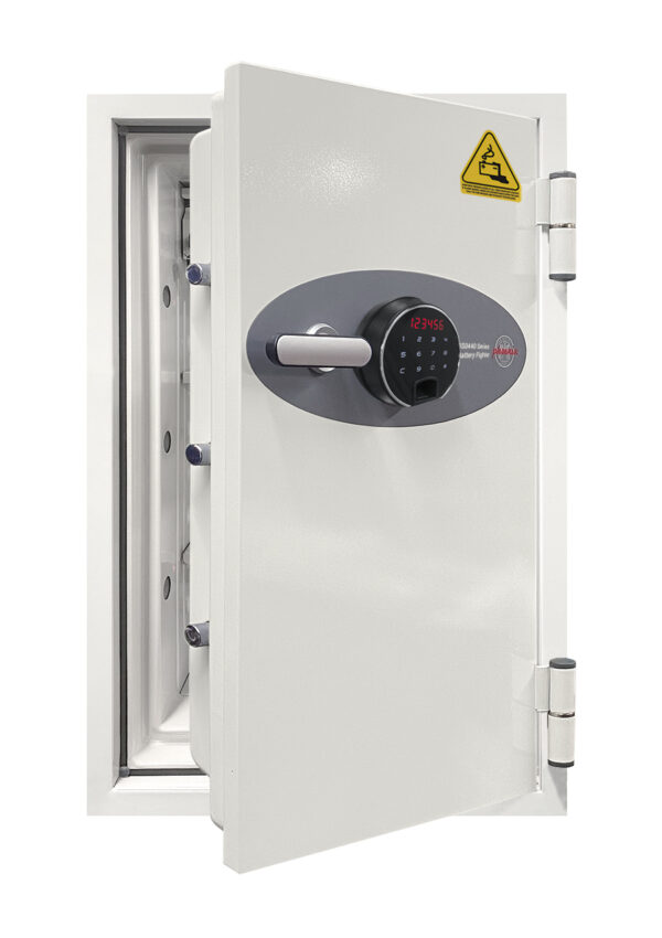 Battery Fighter BS0442F with door open, Shows touchscreen code lock in use and optional multiuser fingerprint lock.