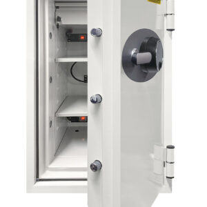 Battery fighter BS0442F shows door open with its secure door bolts. Partial view of power points.