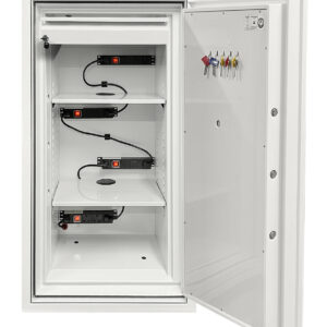 BS0444 Battery fighter with door opened. Shows shelves and power points for charging lithium ion batteries.