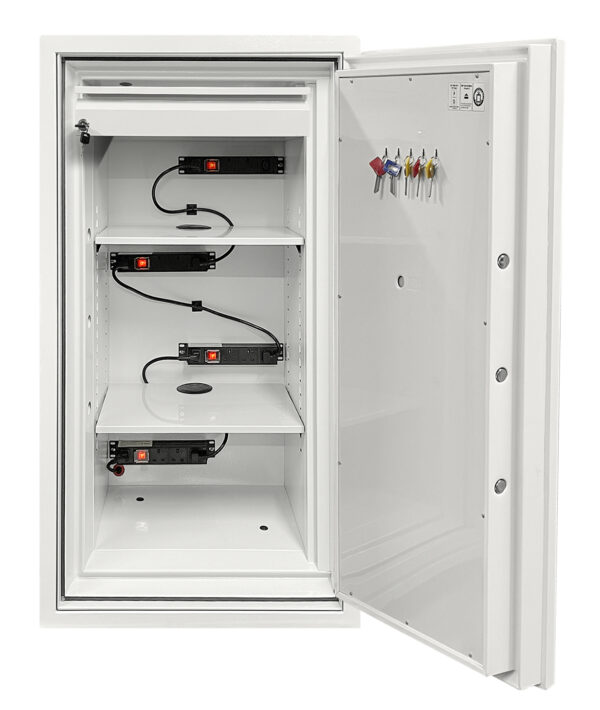 BS0444 Battery fighter with door opened. Shows shelves and power points for charging lithium ion batteries.