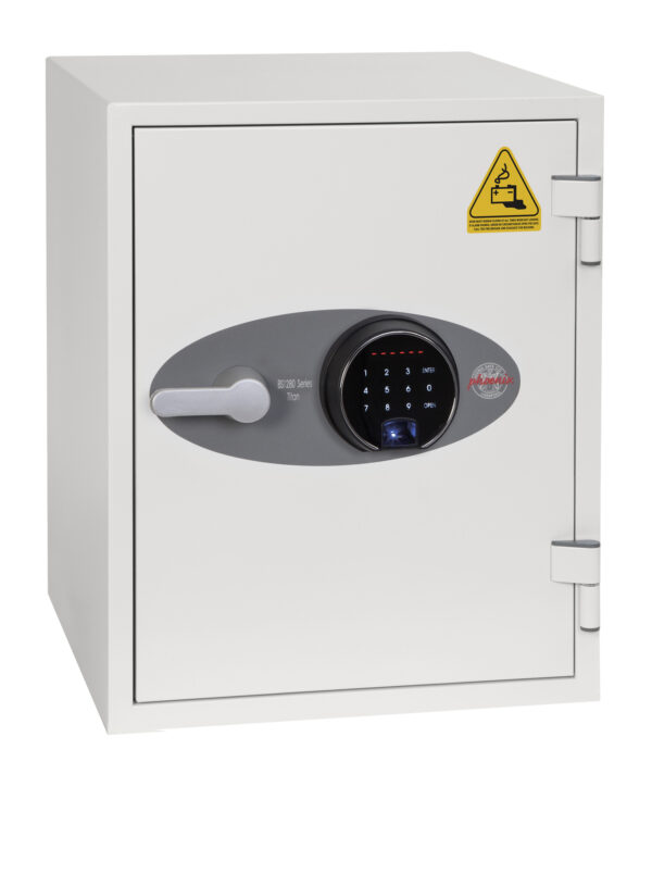 Phoenix BS1280 Series Battery Titan BS1283F. This is a fire safe with power points to charge lithium ion batteries. Fitted with a touchscreen led code lock and alternative fingerprint scanner.