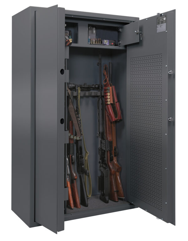 This GS8033K/E gun safe comes with a lockable ammo box.