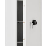 This De Raat Prisma Grade 1 size 6 security safe is shown with its door part opened and a suggested use of file storage on its shelves. It comes with a 30 minute fire protection for documents.