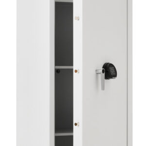 This De Raat Prisma Grade 1 size 6 security safe is shown with its door part opened and a suggested use of file storage on its shelves. It comes with a 30 minute fire protection for documents.