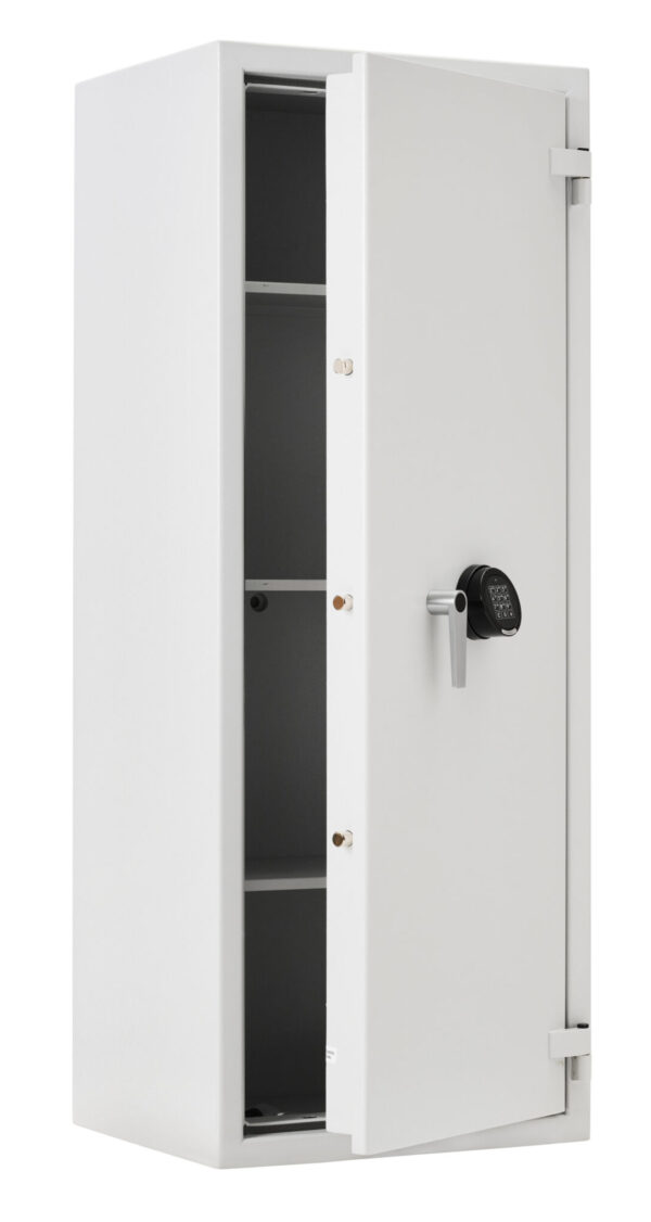 This De Raat Prisma Grade 1 size 6 security safe is shown with its door part opened and a suggested use of file storage on its shelves. It comes with a 30 minute fire protection for documents.