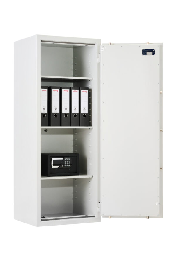 Shown with its door wide open, the De Raat Prisma Grade 1 size 6 offers great storage in this euro grade 1 security safe.