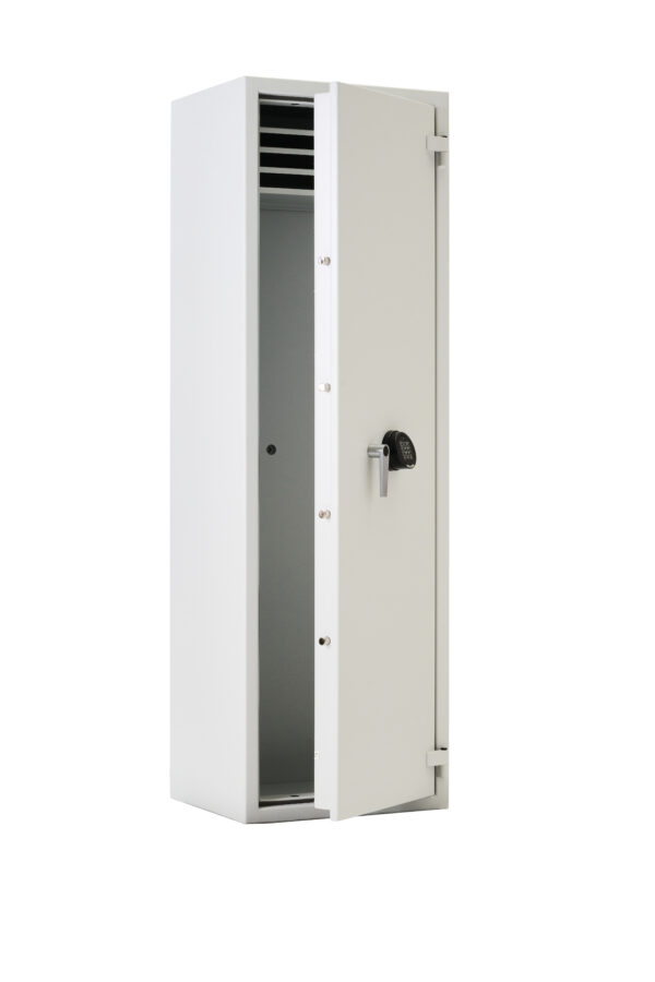 DRS Prisma Grade 1 size 8e shown with door open. its shelves are located at the top of the safe.