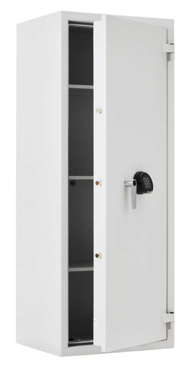 De Raat Prisma Grade 2 size 6k security safe with door open. Its a Euro Grade 2 commercial safe or office safe with digital lock.