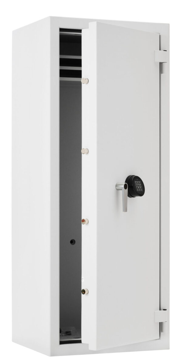 The De Raat Prisma Grade 3 size 7e, shown with its impressive door opened. Bolt work to top, bottom and sides offer high security in this jeweller use security safe.