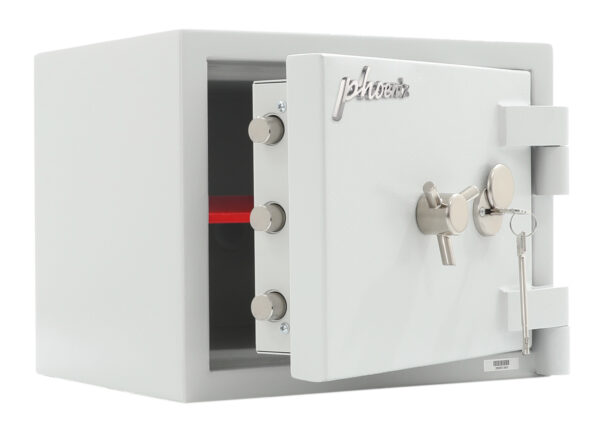 Mercury Home HS2011K safe with door open. It features a 3 spoke, easy grip and turn handle.