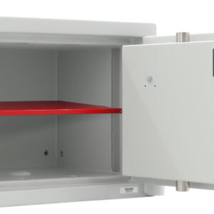Mercury Home HS2011 shows door wide open, and single shelf plus ECBS certification plate for Insurance identification.