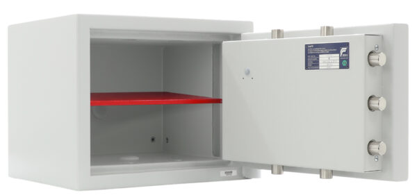 Mercury Home HS2011 shows door wide open, and single shelf plus ECBS certification plate for Insurance identification.