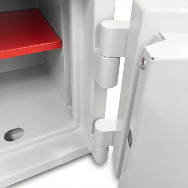 Mercury Home safe close up image of strong hinges and dogging bar.