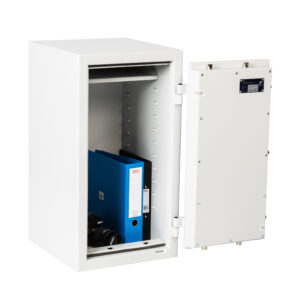 Ideal for box files and valuable items. This Prisma Grade2 size 3 is a good sized safe for the home or shop safe. The image shows the door maxed open to 180 degrees. You can also see its certification badge rivet fixed toits door.