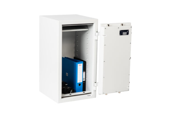Ideal for box files and valuable items. This Prisma Grade2 size 3 is a good sized safe for the home or shop safe. The image shows the door maxed open to 180 degrees. You can also see its certification badge rivet fixed toits door.