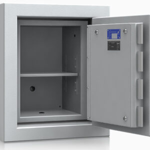 The all new De Raat Prisma Grade 6 size 0 is a safe to store £150,000 in cash, or upto£1.5 m of jewellery. Shown open with superior bolt work and hidden security devices to protect your cash and valuables.