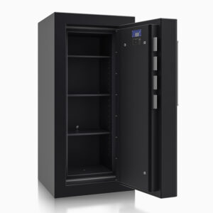 The Prisma Grade 7 size 5 safe is shown with its door open. It has external hinges that allow 180 degrees full opening. You can see its superior new style bolt work. and adjustable heigh shelves.