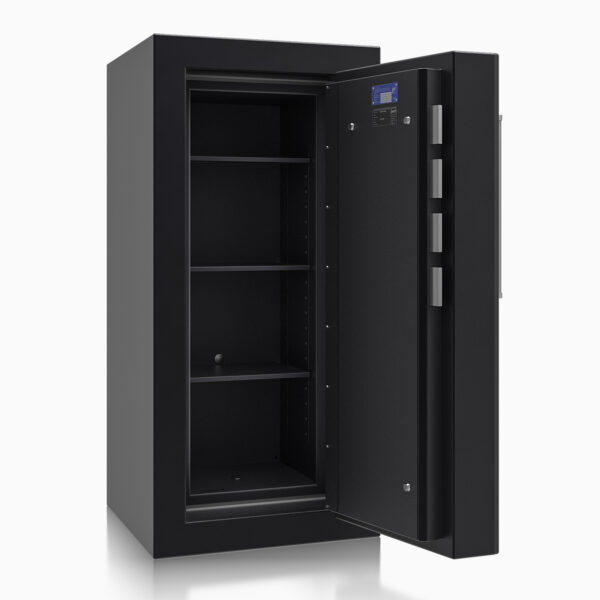 The Prisma Grade 7 size 5 safe is shown with its door open. It has external hinges that allow 180 degrees full opening. You can see its superior new style bolt work. and adjustable heigh shelves.