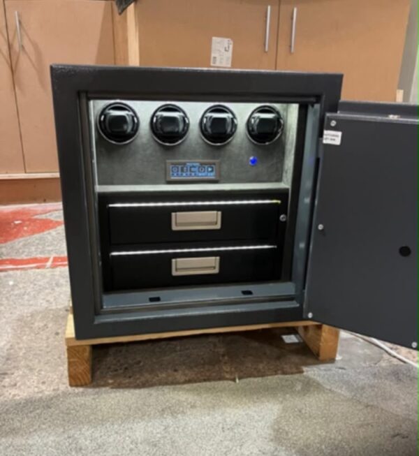 Bespoke furnish with 4 watch winders and 2 drawers. Black and grey.
